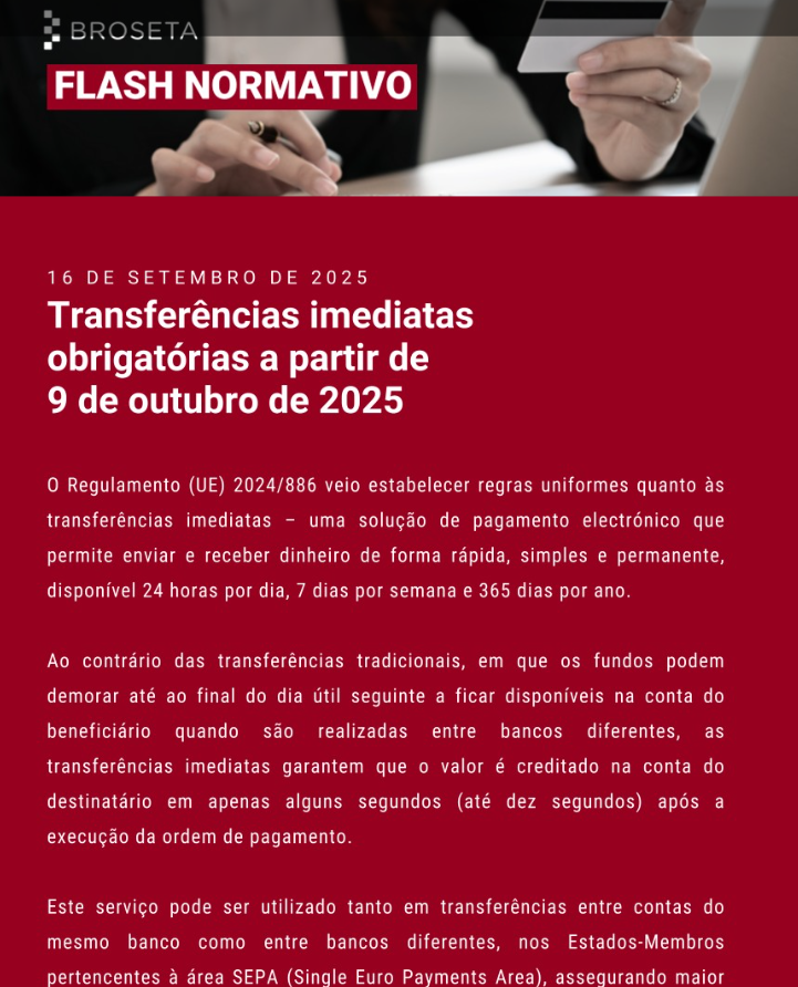 Transferências imediatas obrigatórias a partir de 9 de outubro de 2025